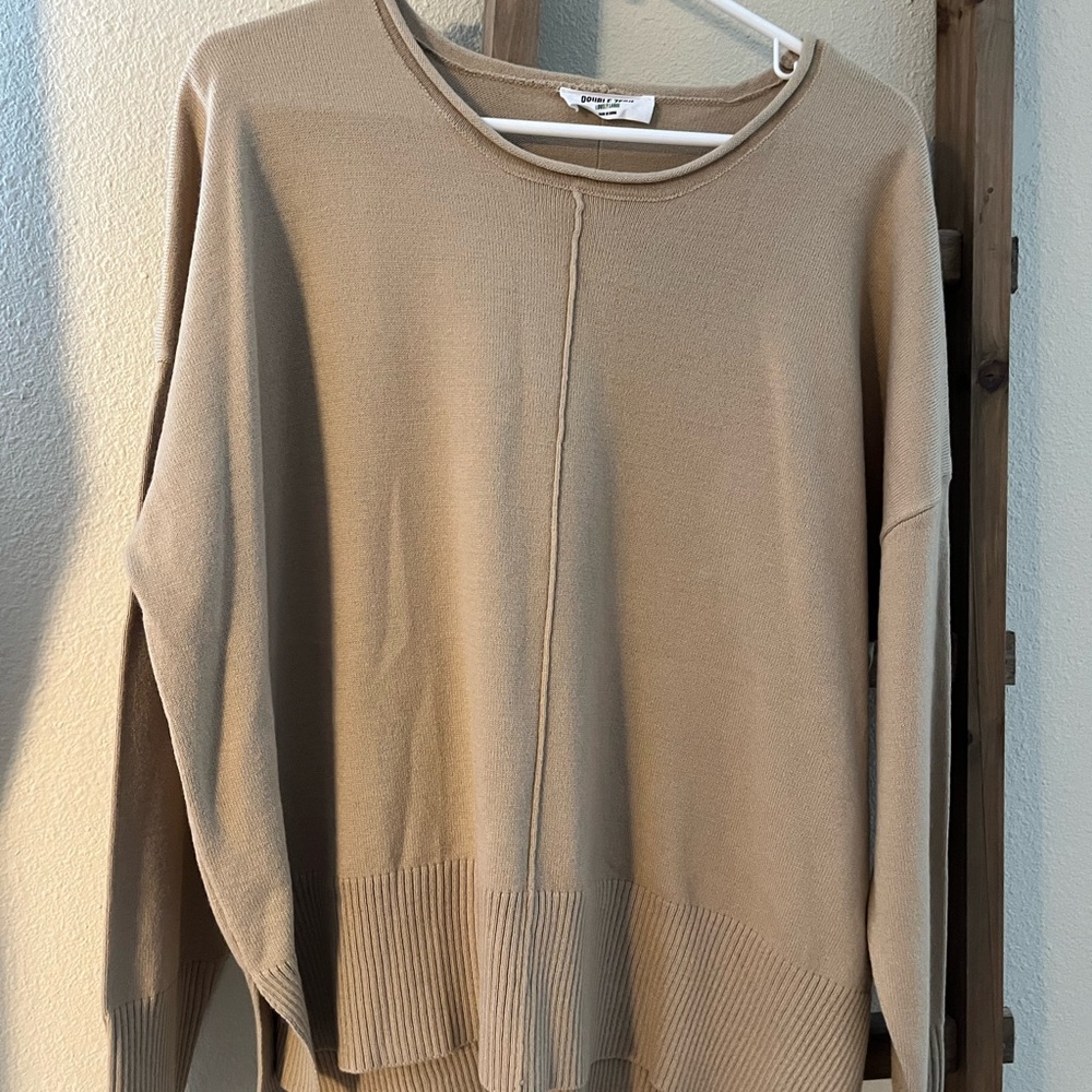 Double Zero Beige Rolled Crew Neck Sweater